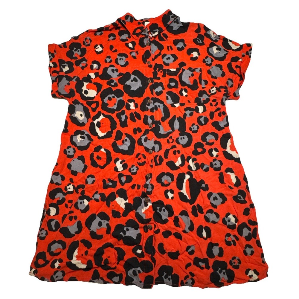 Como Vintage Womens Red Leopard Print Button Down Shirt Dress Small Short Sleeve